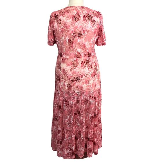 Sheer Lace Maxi Dress Button Front V Neck Short Sleeves Size 1X Pink - Picture 2 of 8
